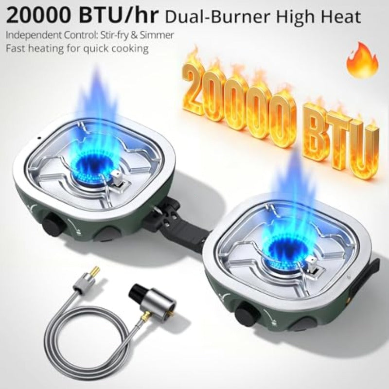 Portable Camping Stove, 20,000 BTU Power, Features Two Burners, Adjustable Settings & Foldable Design. Burner Center Width of 12.2 Inches, Comes with Complete Cooking Kit, Perfect for Car Camping, Beach Outings, RV Travel & Tailgating Events.