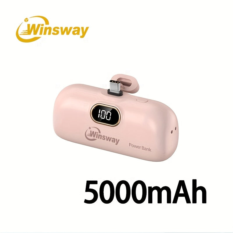 Winsway 5000mAh Type-C Mini Power Bank, LED Digital Display Screen, Lipstick Size Portable, Upgraded Interface Anti Shake And Not Easy To Fall Off, Used For Phone 17/16/15/Android Phones To Give Girlfriends High-end And Exquisite Items