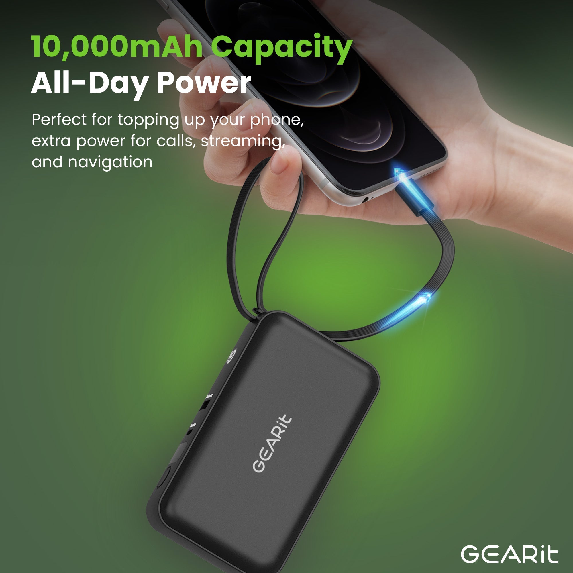 GEARit 三合一65W氮化鎵充電器，內建USB-C線10000毫安時移動電源