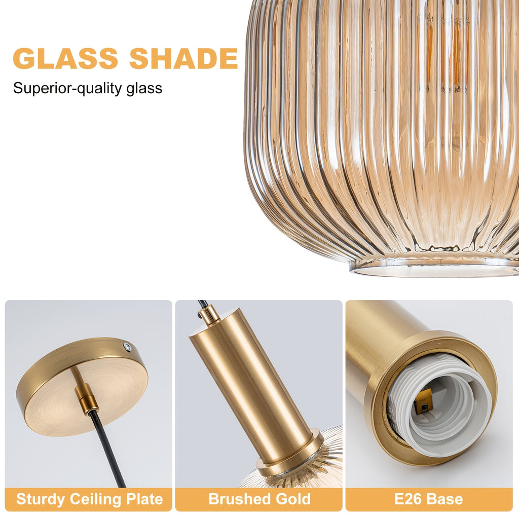 Single-Pack Amber Pendant Light, Compatible with E26 Screw-in 3-Color Bulb, Metal Base Glass Shade Height-Adjustable Ceiling Light, Vintage Kitchen Island Pendant Light Two Colors Optional, for Room Lighting, Hotel Decoration