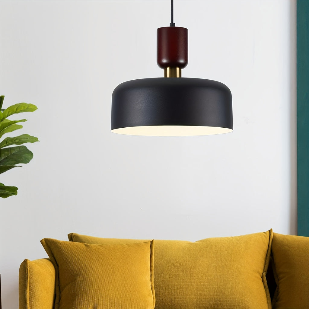 Nordic modern wood metal decorative pendant light - suitable for dining room, kitchen island, sloped ceiling, height adjustable, 12-inch diameter black and white drum lampshade (bulb not included)