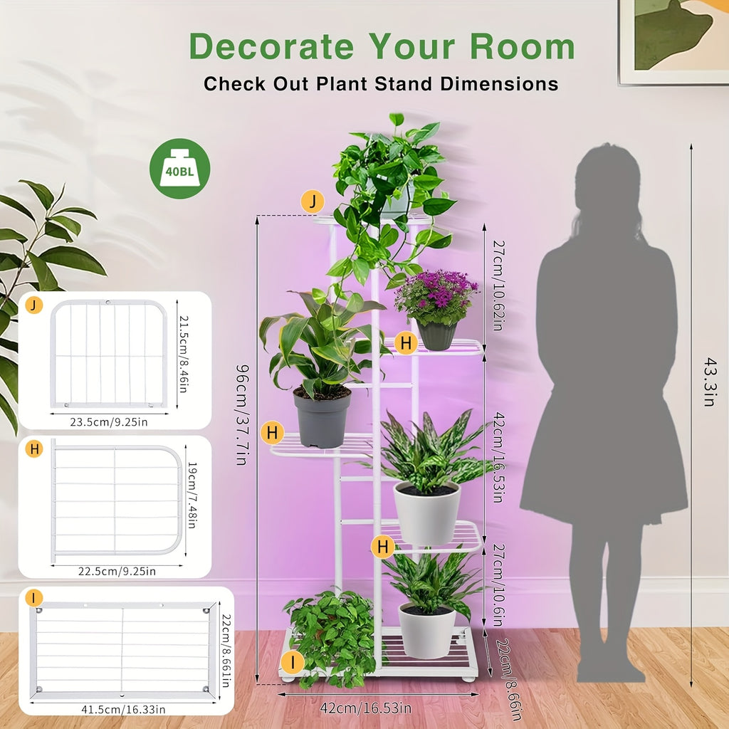 Indoor Plant Stand with Grow Light, 5-Tier 6-Pot Metal Multi-Function Flower Pot Shelf, Display Rack for Courtyard Balcony Living Room Corner Garden