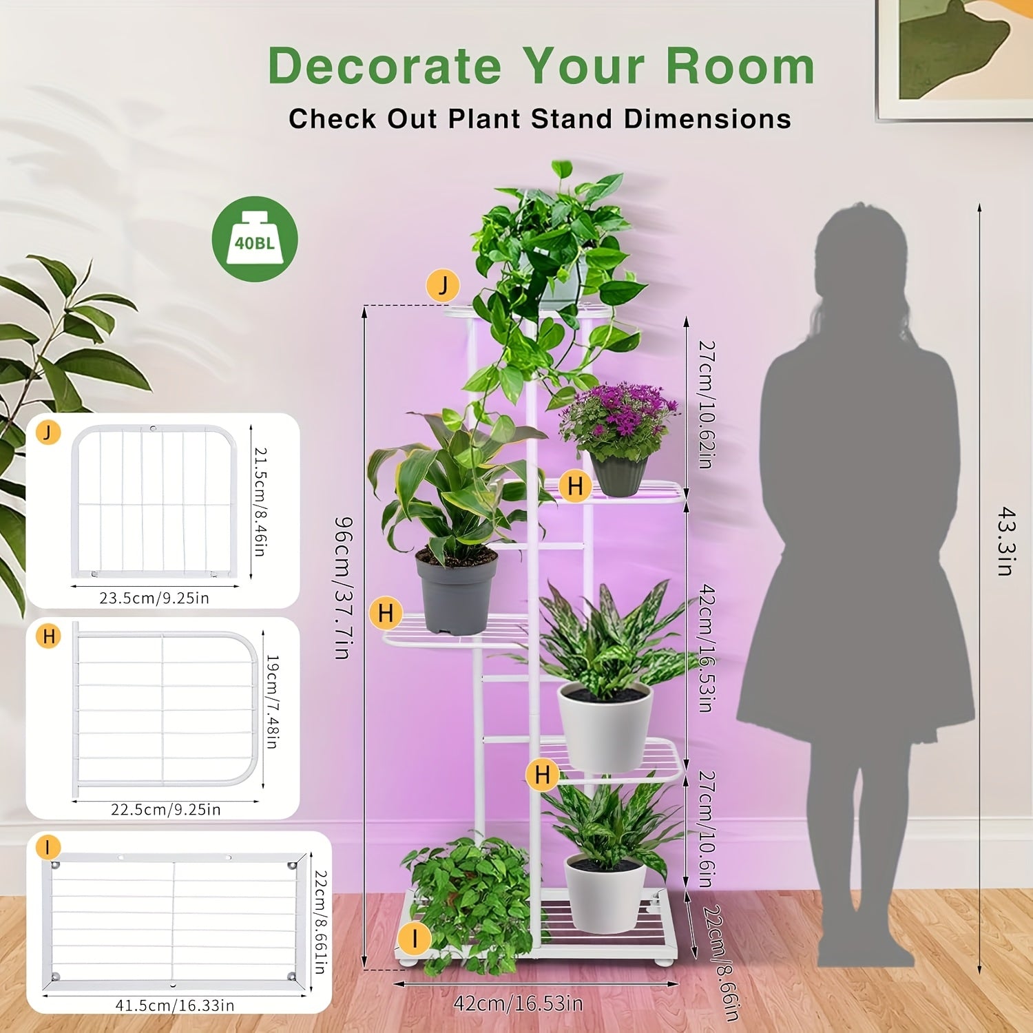 Indoor Plant Stand with Grow Light, 5-Tier 6-Pot Metal Multi-Function Flower Pot Shelf, Display Rack for Courtyard Balcony Living Room Corner Garden