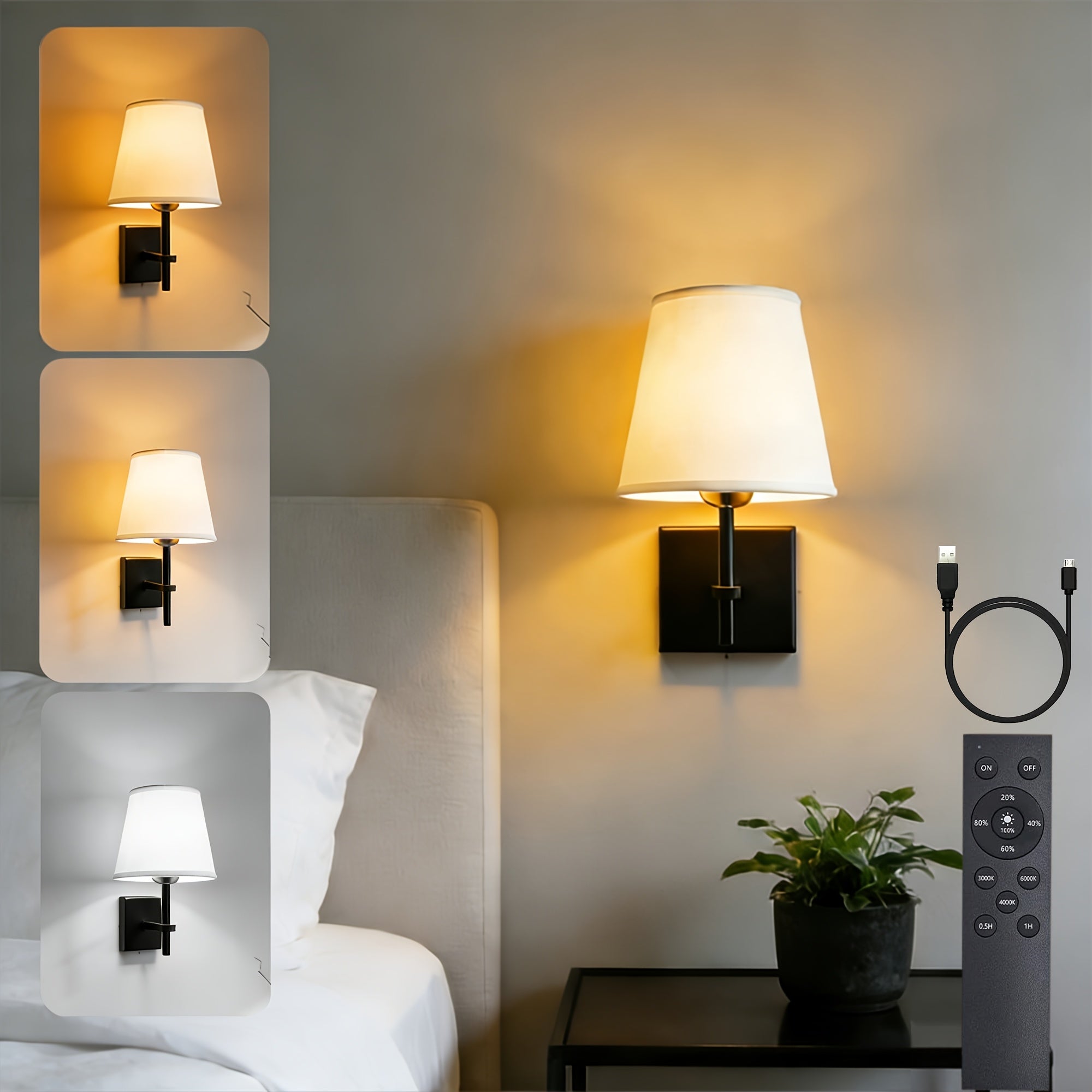 Wall-mounted battery-powered wall light, black rechargeable wall light, with 4000mAh dimmable bulb and remote control, adhesive wall light, 3 color temperatures optional, supports remote and touch control