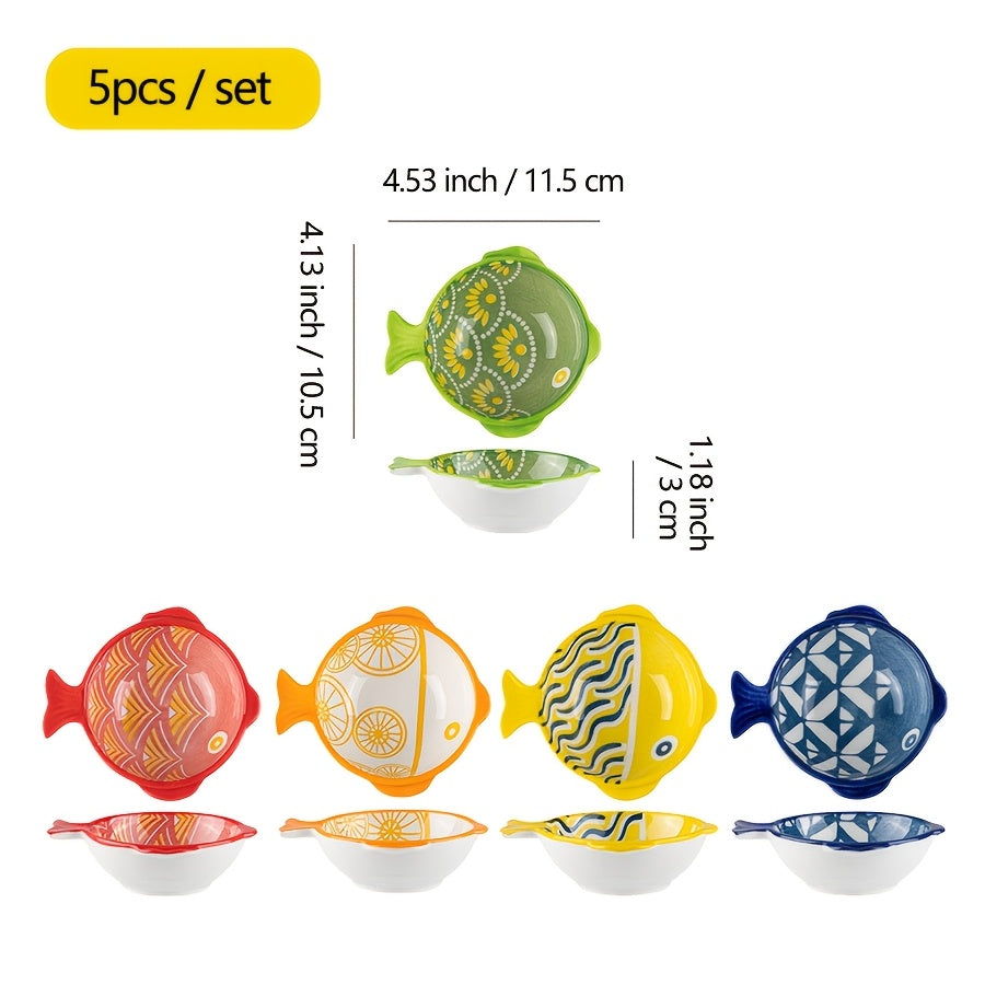 5pcs Creative Japanese-Style Fish-Shaped Sauce Dish, Dopamine Color Series Ceramic Plate, Dip Dish / Wasabi Dish / Snack Dish, Easy to Clean & Store, Oven Safe / Microwave Safe, Multi-Scene Use
