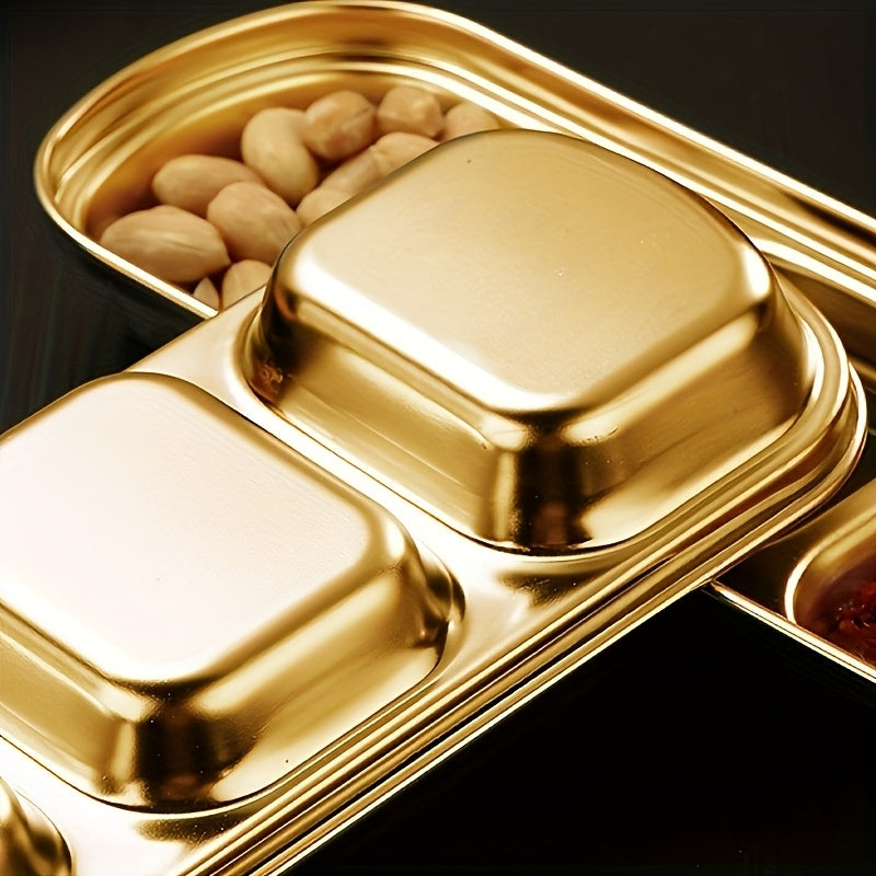 1Pc Golden Compartment Stainless Steel Sauce Plate, Dinner Plate, Salt Vinegar Sugar Seasoning Dipping Bowl