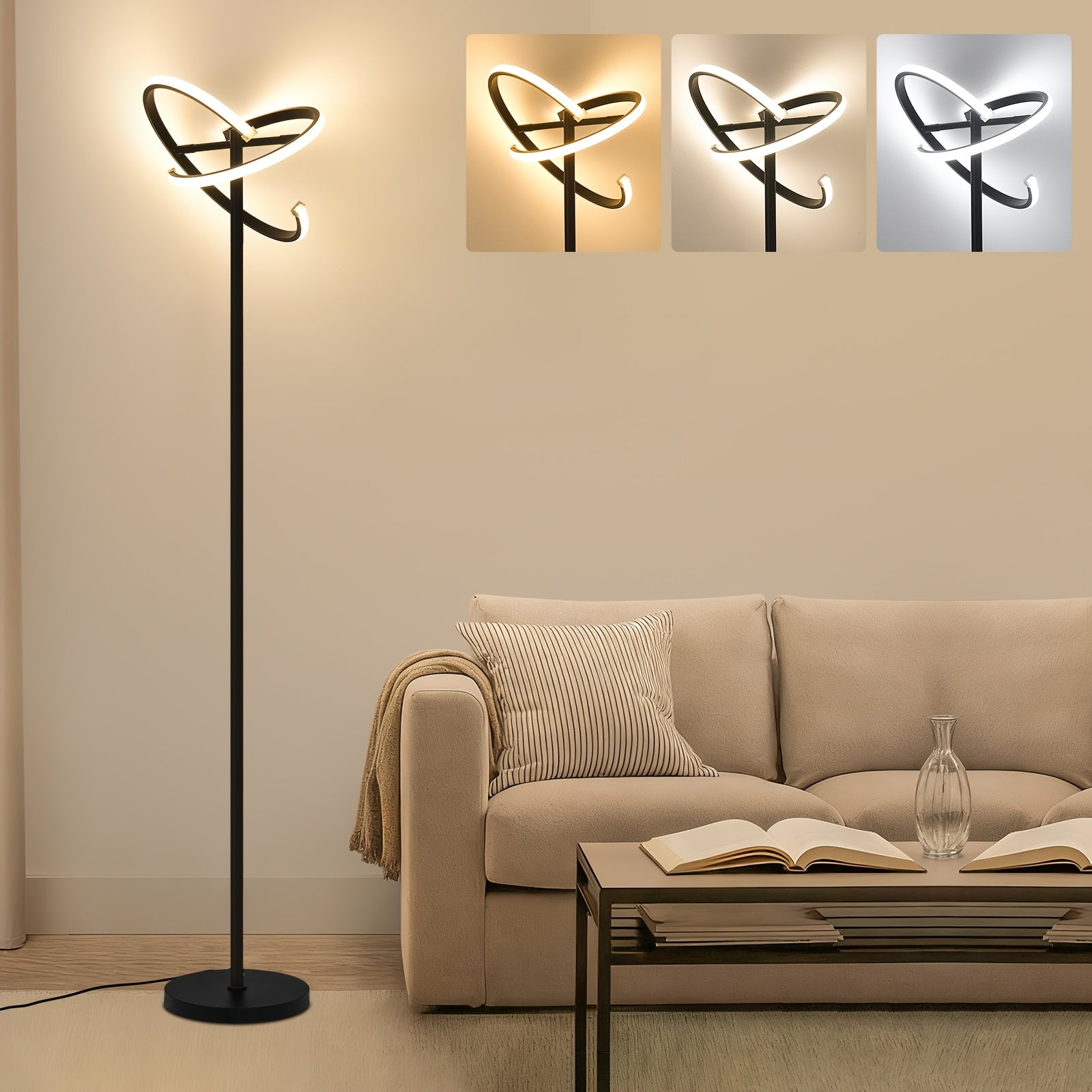 Modern rotatable floor lamp with remote control, dimmable black LED color-changing ambiance lighting, suitable for bedroom and living room, versatile shapes including heart shape, 48W LED floor lamp