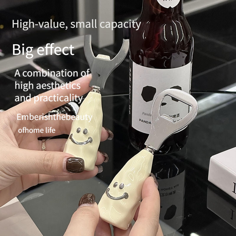 Cute Smiley Face Beer Bottle Opener – Plastic Handle / Ceramic-Like Handle – Stand-Up Bottle Opener – Creative Stainless Steel Cap Remover