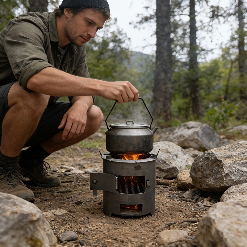 Portable Wood Stove (Charcoal Compatible) – Outdoor Cylindrical Grill with Firebox Opening & Sturdy Base, Heavy-Duty Oven, Perfect for Camping Gatherings, Can Steam