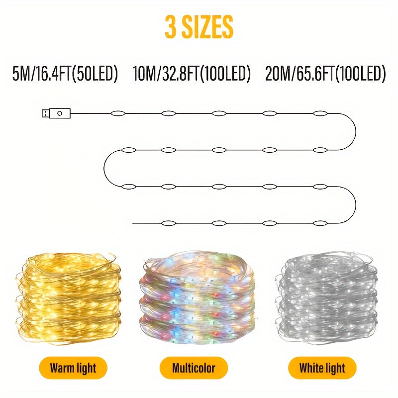 USB灯串 | 66FT 200LED, 33Ft 100 LED, 16.4FT 50LED 变色银丝灯，带8种照明模式遥控器，适用于工艺品卧室天花板圣诞装饰，彩色铜丝灯，USB供电，包含纽扣电池