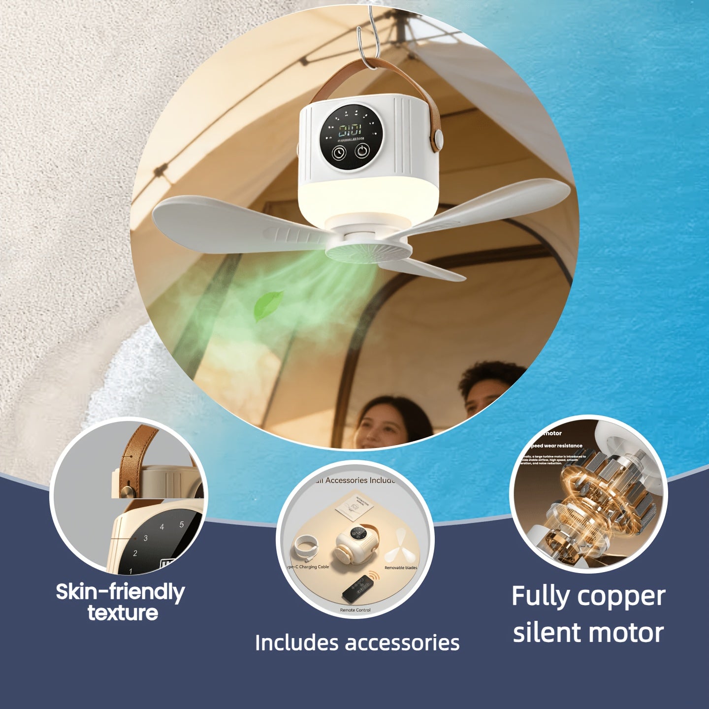 Portable Rechargeable Remote Control Small Hanging Fan with Light, Remote Operated, 4-Speed Adjustable, Quiet & Timer, 3-Level Night Light, Detachable Blades, Long-Lasting Battery, Safe for Outdoor Tents