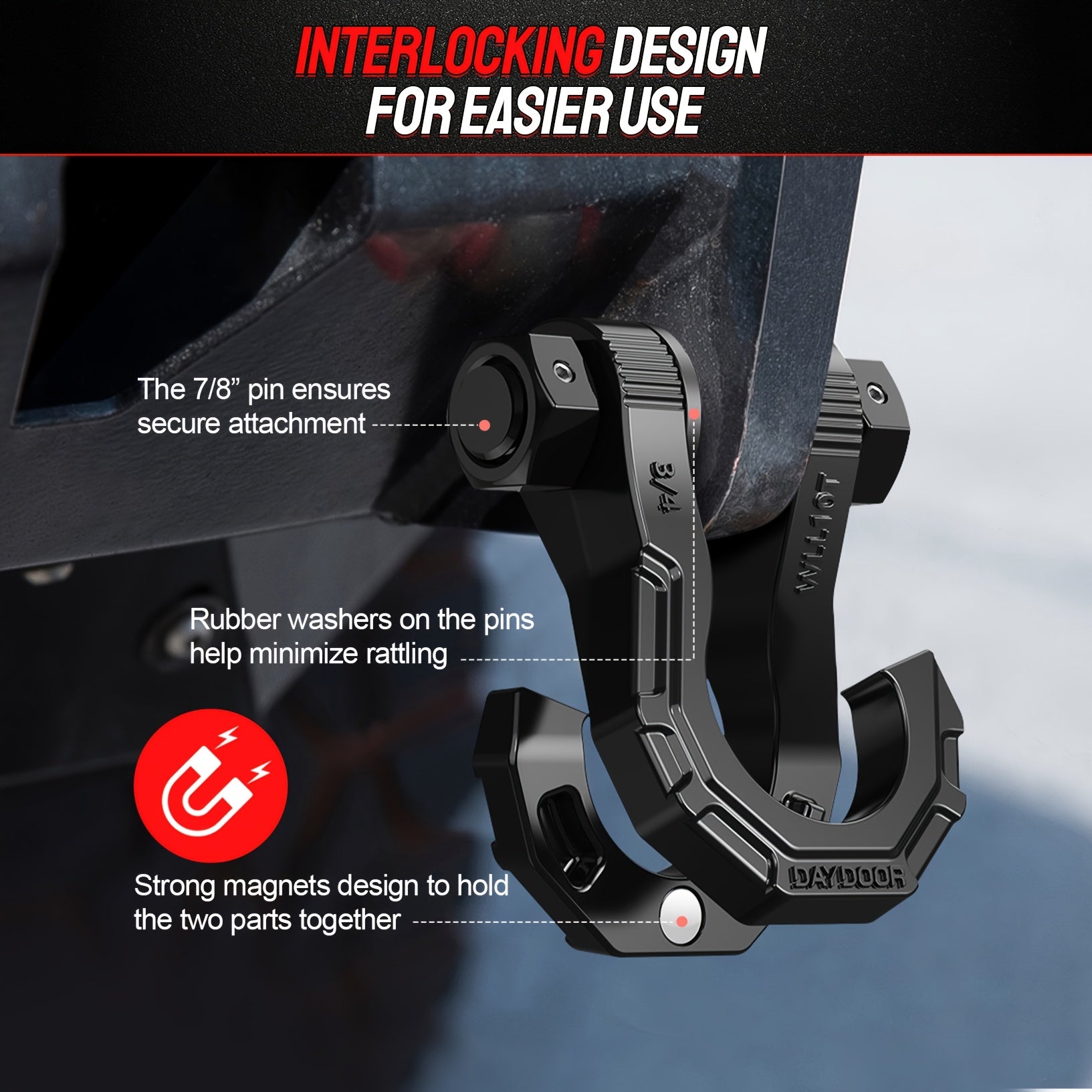 45,000 lb Break Strength Tow Hook – D-Ring Shackle, 3/4" Heavy-Duty Hook with 7/8" Screw Pin, for Off-Road Vehicle Recovery