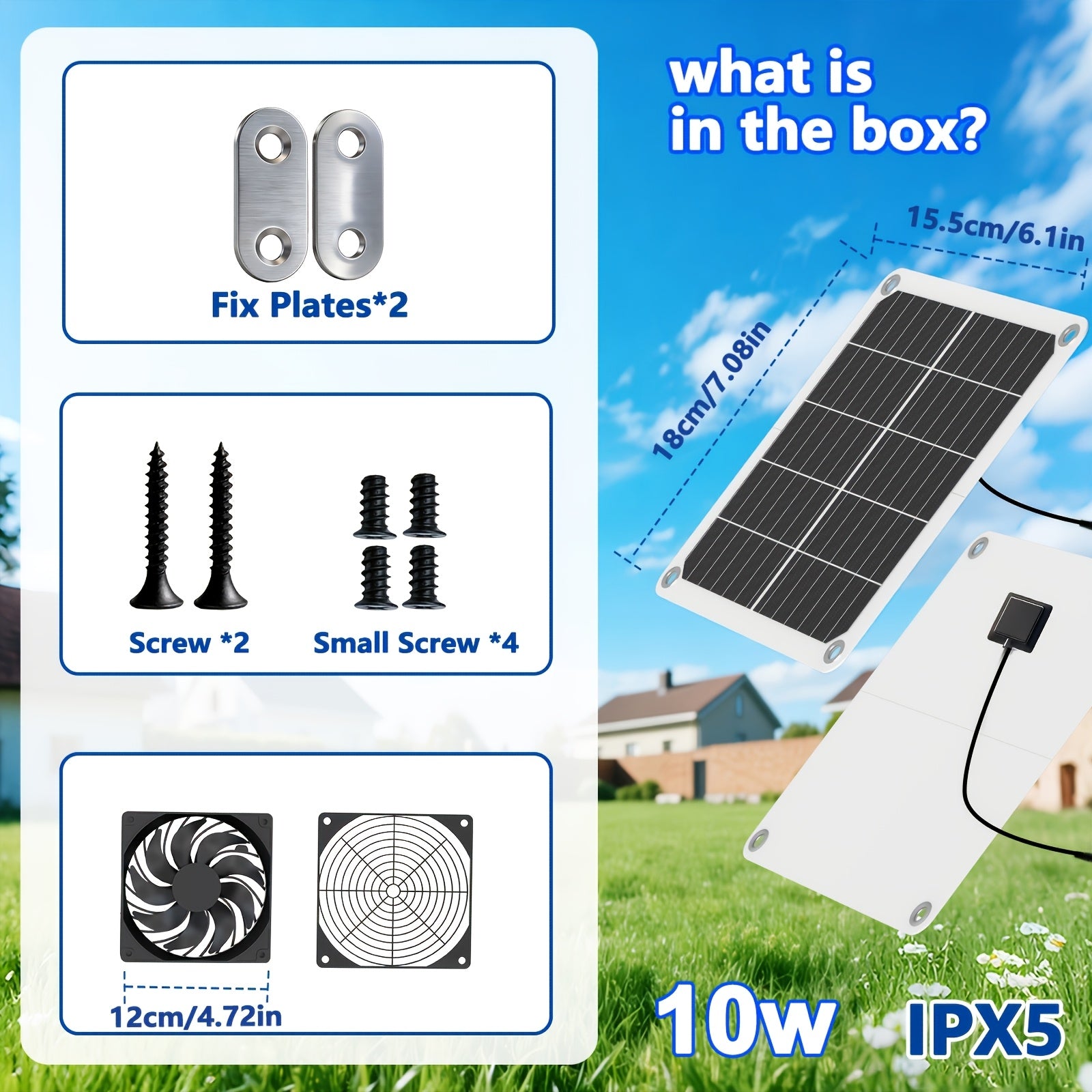 Solar Ventilation Cooling Fan, Exhaust or Air Intake Mode, Suitable for Outdoor Shed, Chicken Coop and Greenhouse, Comes with Installation Kit, IPX5 Waterproof, 7W/10W