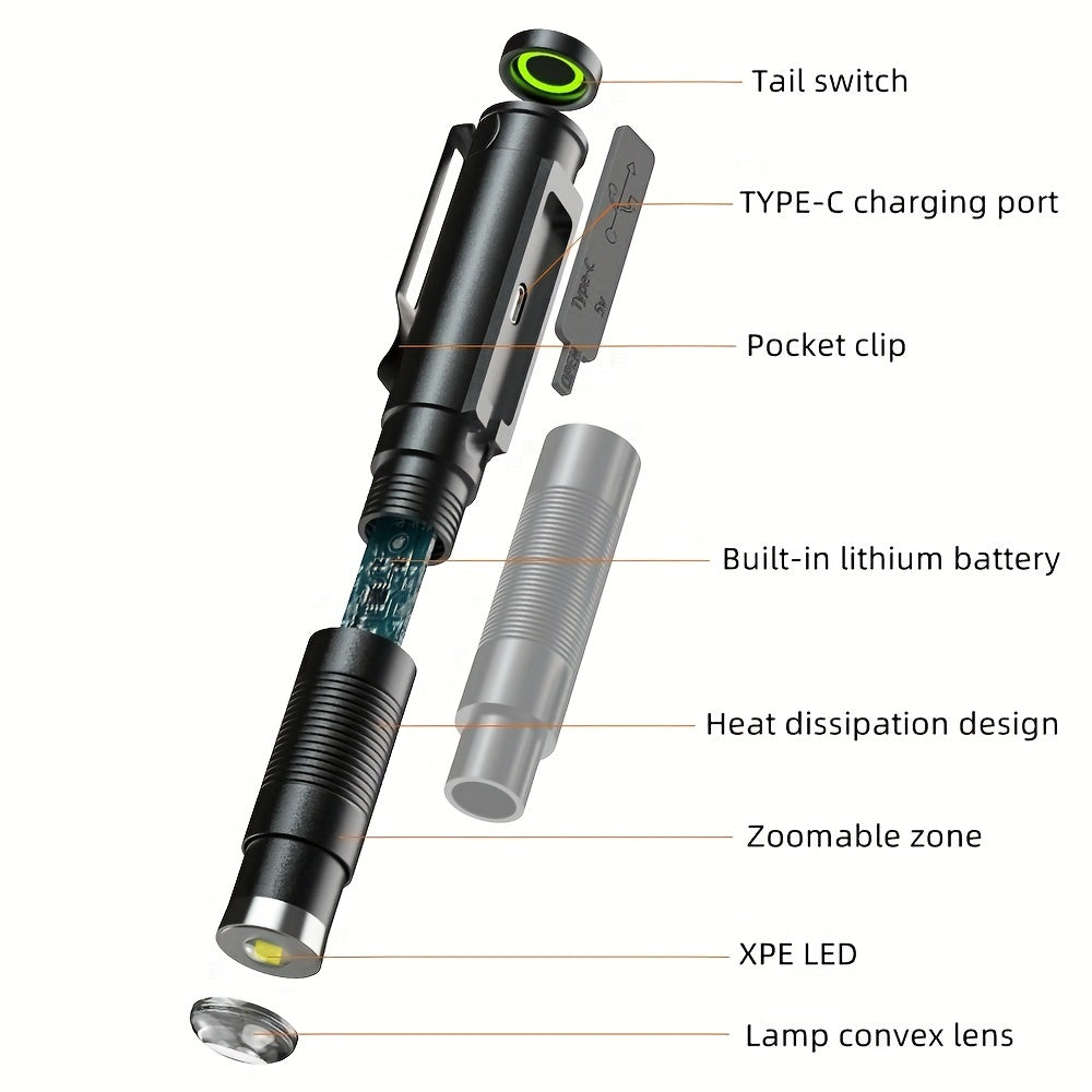 1 Alonefire P29 Mini USB Rechargeable LED Flashlight, Built-in Battery, USB Zoom Light, 3 Modes (High/Low/Strobe), Adjustable Beam & Pupil Detection, Portable Design for Camping, Hiking & Emergency – Pen-Style Flashlight