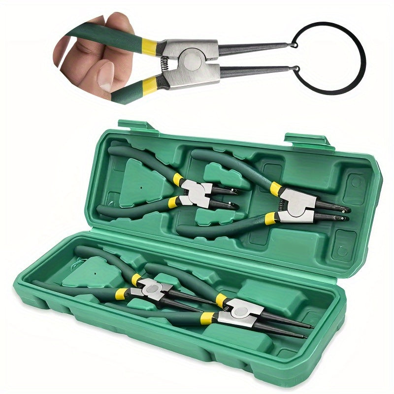 4-Piece Professional Card Snap Ring Pliers Set, 7-Inch Heavy Duty Retaining Ring Stopper, 90° & 45° Angled Tips, Chrome Vanadium Steel, Internal/External C-Clip Removal, Metal Construction, Card Repair Tool | Professional Pliers Set