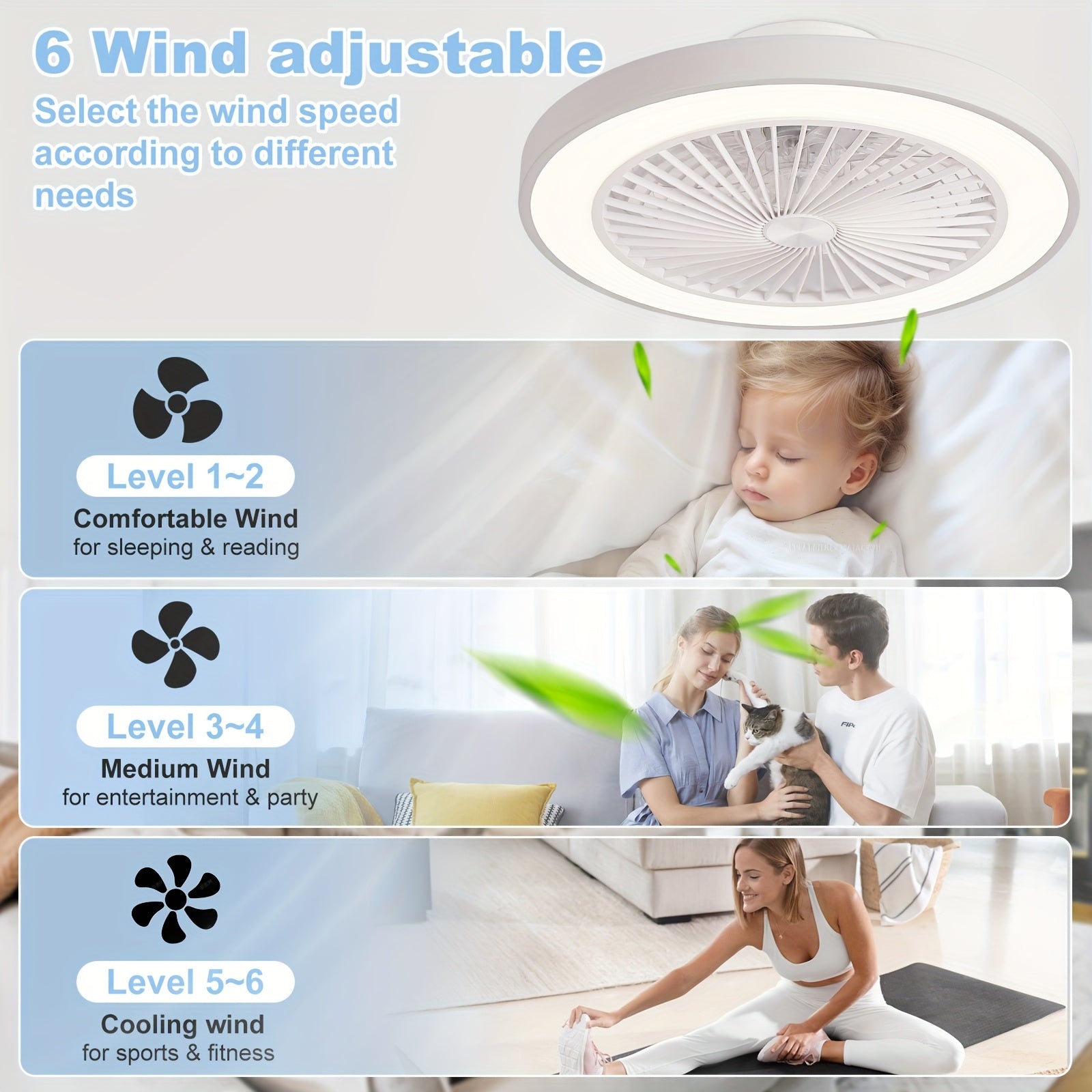 Modern Low Profile Ceiling Fan, 6 Speed Levels, Reversible Bladeless Design, 3000-6500K Dimmable LED Fan Light, Smart Timing Function, Suitable for Living Room, Bedroom, Office, Kitchen