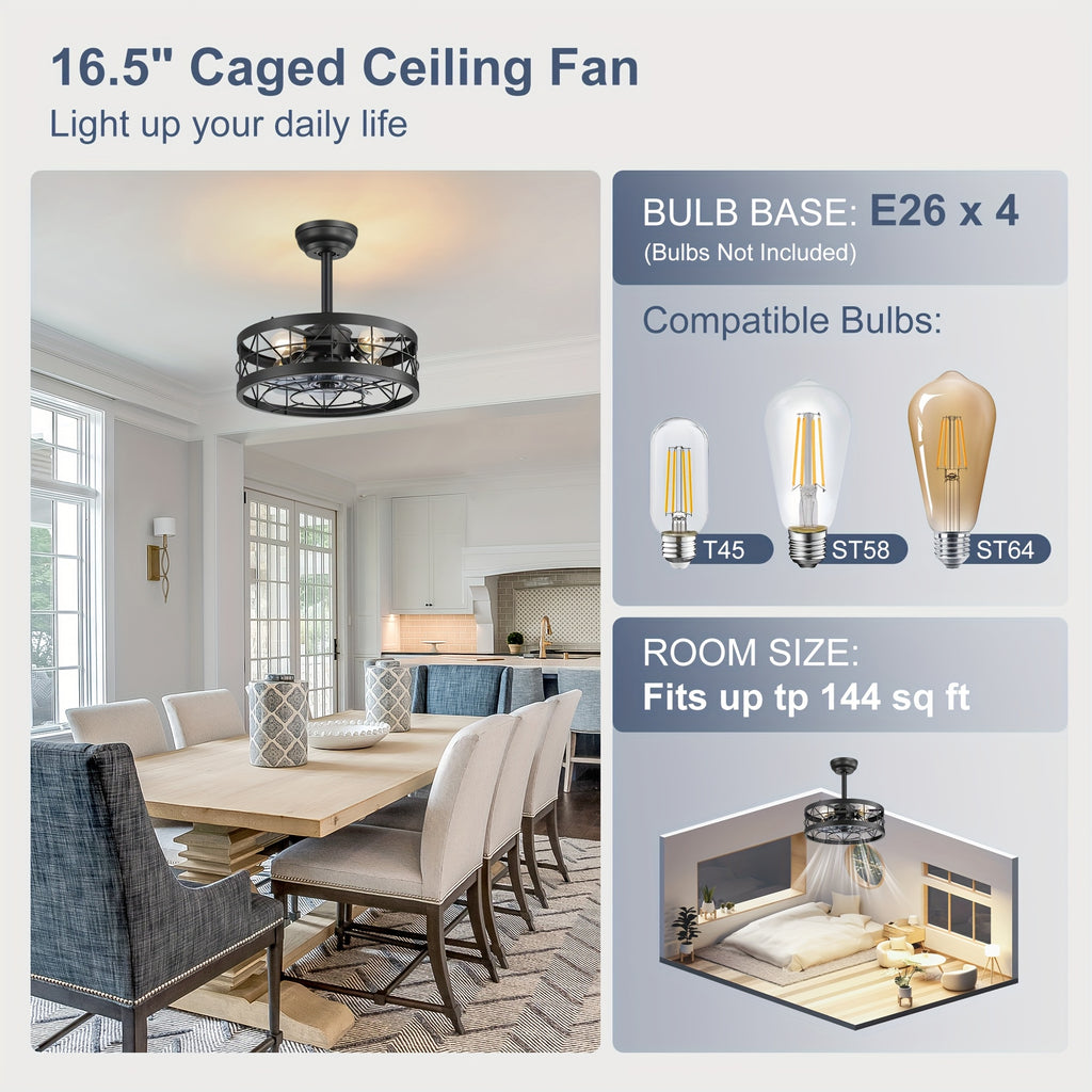Caged Ceiling Fan with Light, 16.5In Farmhouse Enclosed Ceiling Fan, Remote Control, 6Speed, Black Industrial Ceiling Fan Light, Rural Farmhouse Ceiling Fan Light, for Indoor Bedroom Kitchen Dining Room