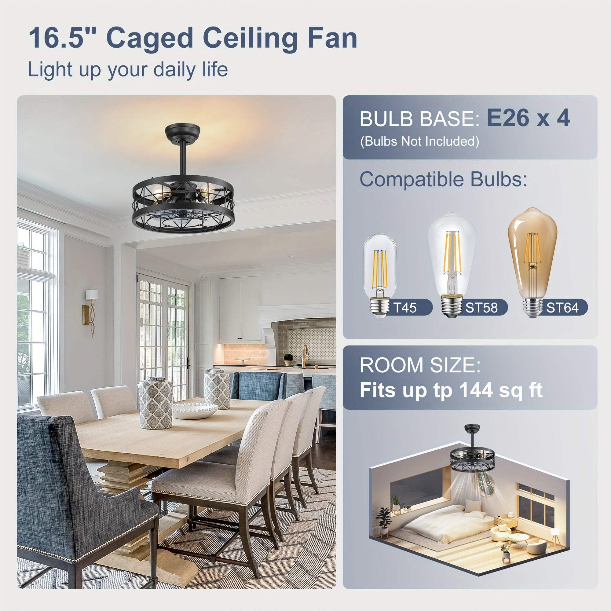 Caged Ceiling Fan with Light, 16.5In Farmhouse Enclosed Ceiling Fan, Remote Control, 6Speed, Black Industrial Ceiling Fan Light, Rural Farmhouse Ceiling Fan Light, for Indoor Bedroom Kitchen Dining Room