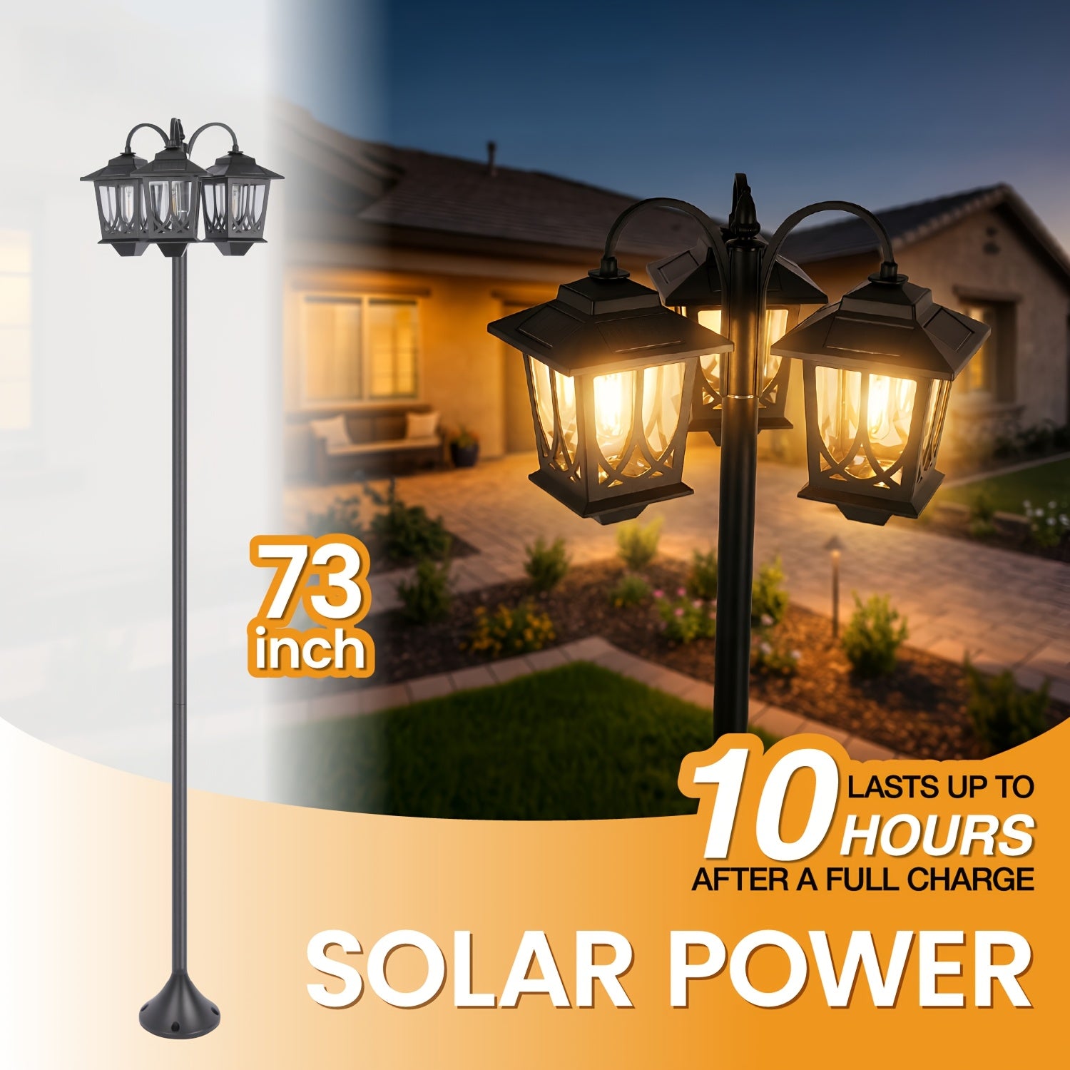 2/1-Piece 73-Inch 3-Head Solar Light, Clear Glass Aluminum, 60 Lumens, Accurate 3000K Light, Adjustable in Sections, Solar Floor Lamp, Outdoor Light, Solar Post Light, Suitable for Home, Courtyard, Garden, Valentine's Day, Carnival