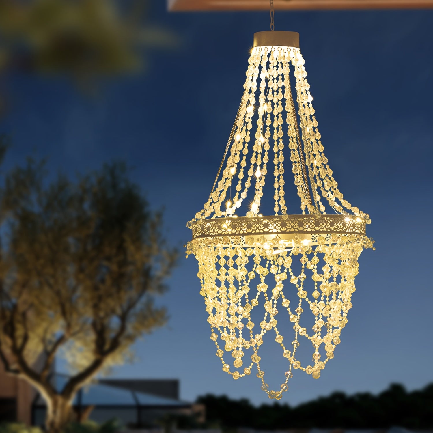 Solar Hanging Crystal Chandelier | Outdoor Garden Decorative Light, Equipped with 54 Warm White LEDs, Waterproof, Lithium Battery Powered, Suitable for Garden, Courtyard, Patio, Gazebo, Party, Wedding