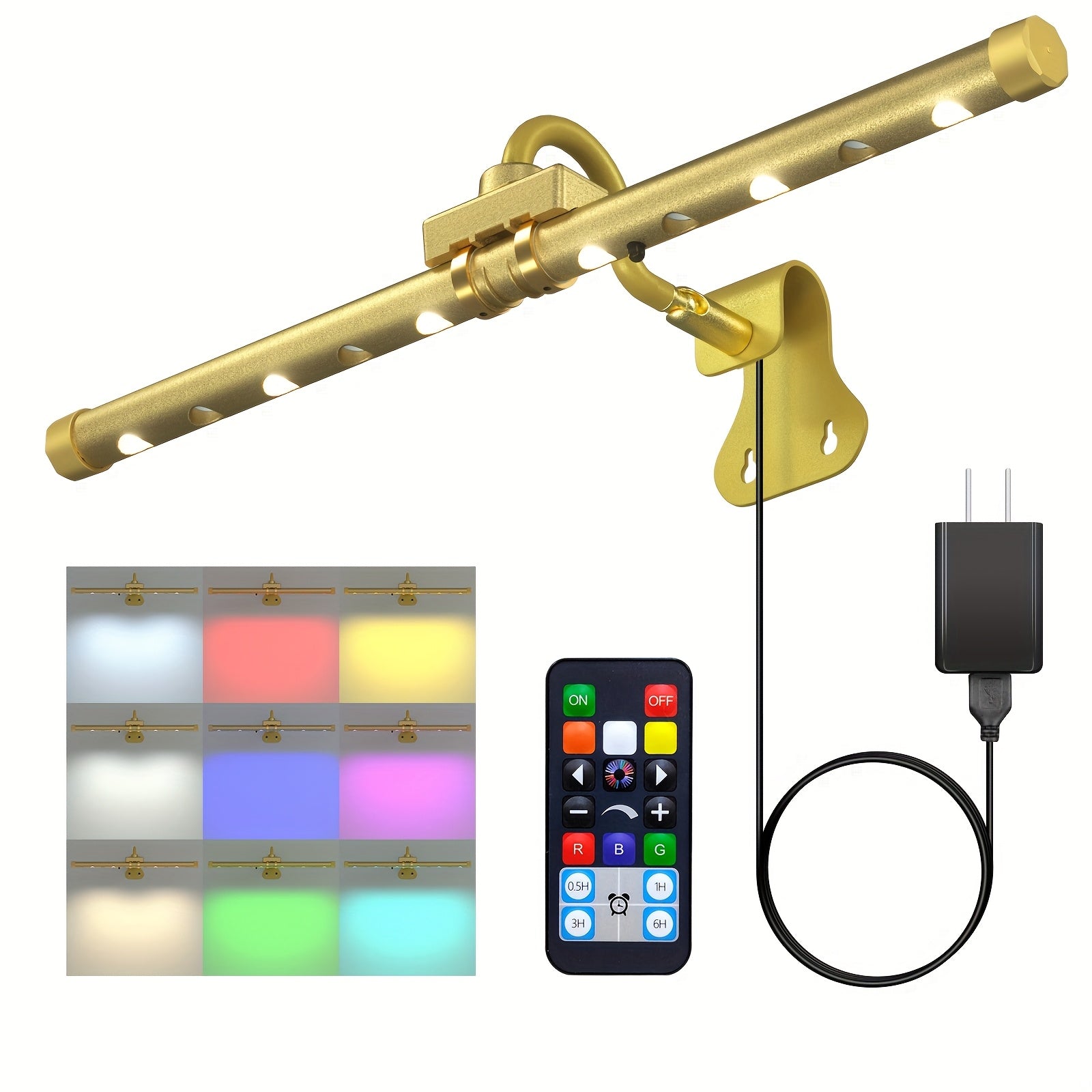 1-Piece Picture Light, USB Powered, Wall Picture Light with Remote Control, LED Light and RGB Dimmable, Timer, 360° Rotating Magnetic Head, Suitable for Paintings, Galleries, Libraries, Dart Rooms, Bedrooms (Black/Gold)