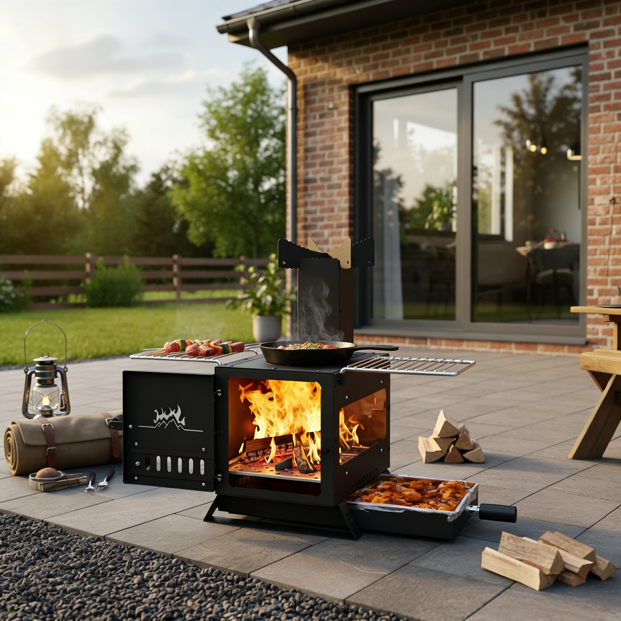 COSTWAY Compact Heating Burner with Glass Window, Portable Wood Burning Stove with Griddle, Dual Grill Racks & Pot Stand, Outdoor Wood Burner for BBQ, Party, Camping & Picnic/