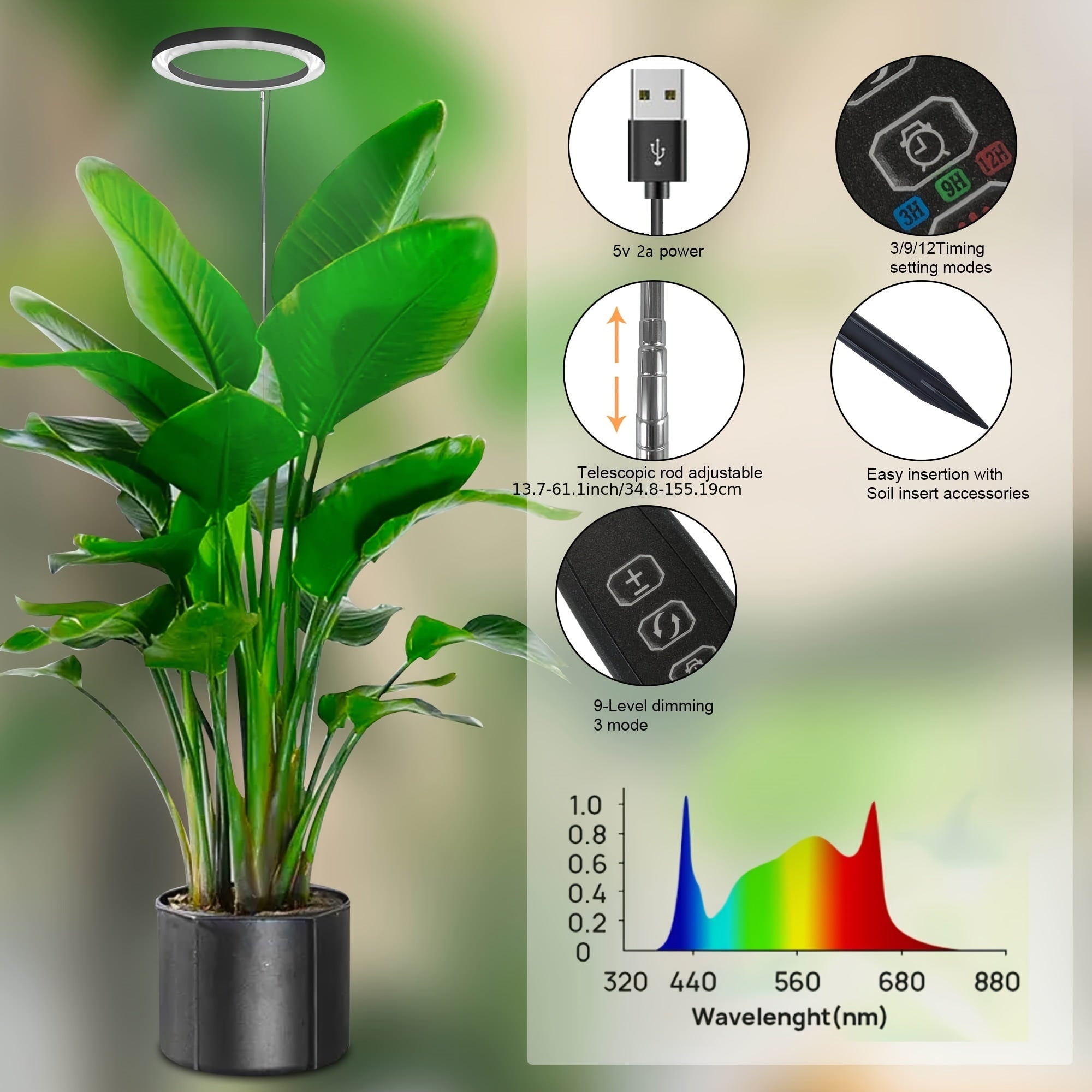 IGROWSLA 72 LED Full Spectrum Indoor Plant Grow Light, Dimmable Brightness, 3/9/12H Timer, Height 11.81-62.99 Inches, Suitable for Large Potted Plants, Painted Surface, USB Powered, No Battery Included