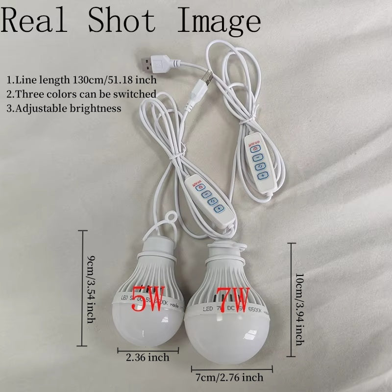 USB powered 5W/7W DC5V LED camping bulb - tri-color dimmable emergency light with hook, suitable for tents, outdoor, barbecue, fishing and repair - energy-saving portable indoor/outdoor lighting, fishing night light | portable LED bulb