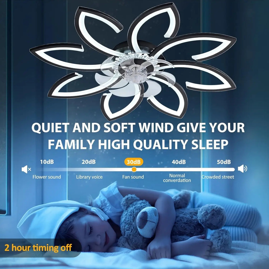 Qcyuui 35 Inch Modern Bladeless Ceiling Fan with Light, Remote Control, Ultra-Thin, Flush Mount, Smart, Reversible Blades, for Bedroom, Living Room, Black