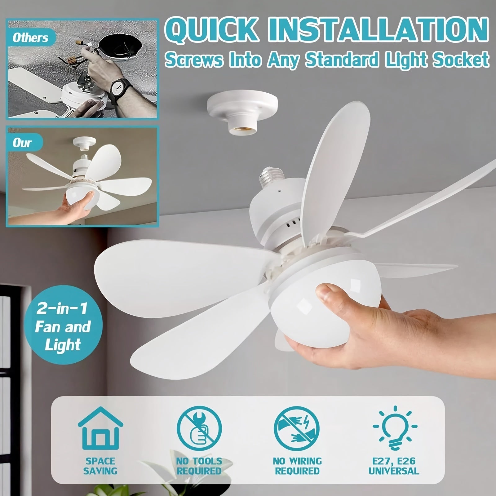 High Power E27 Base Ceiling Fan 30W with Dimmable LED Light, Silent Motor Remote Control Fan Light, E27 Extended Base, 3 Speed & Color Temperature Adjustment, Energy Saving Easy Installation for Living Room Bedroom
