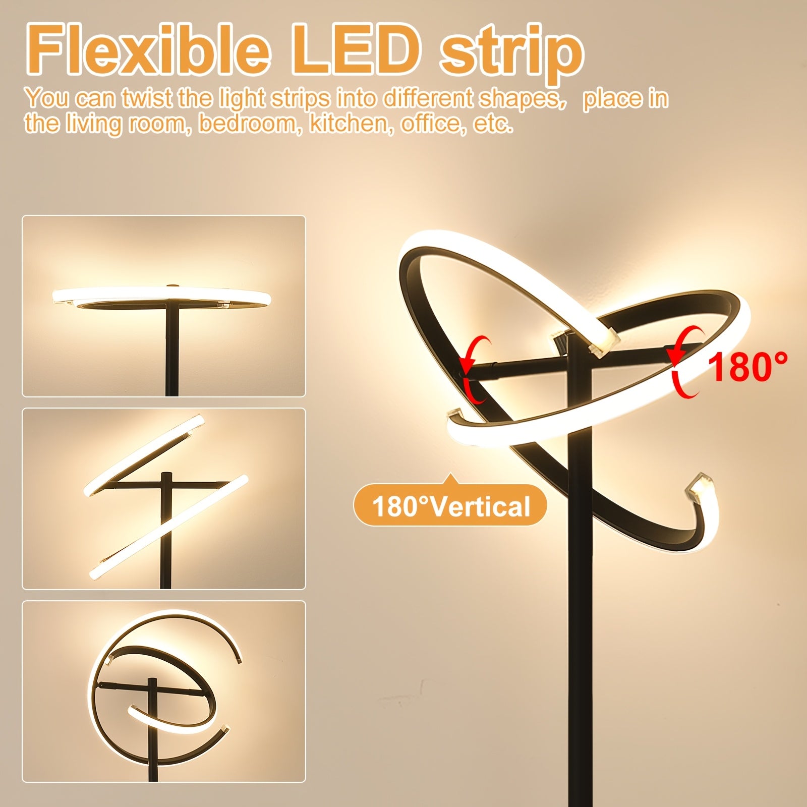 Modern rotatable floor lamp with remote control, dimmable black LED color-changing ambiance lighting, suitable for bedroom and living room, versatile shapes including heart shape, 48W LED floor lamp