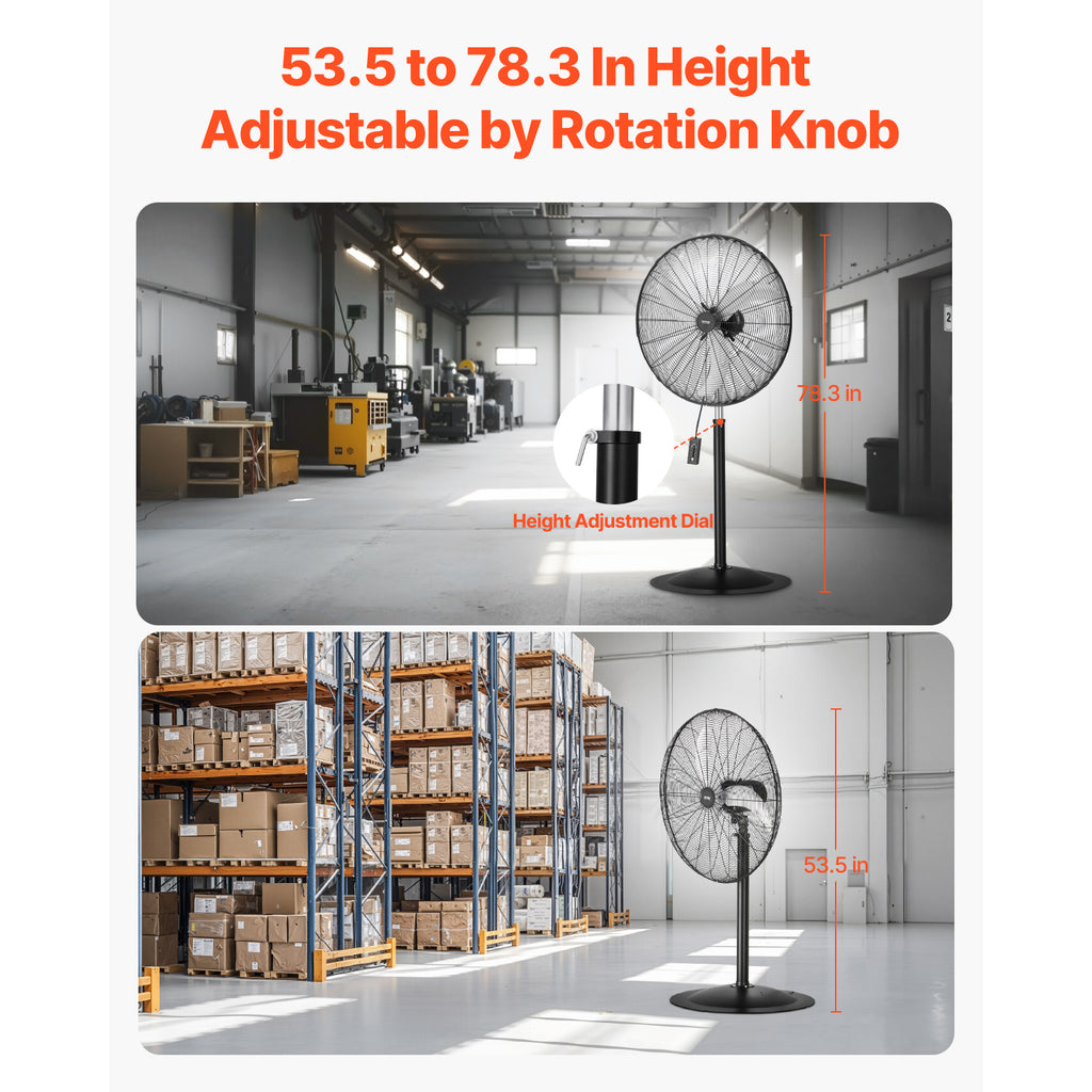 VEVOR 20 Inch Industrial Pedestal Fan, 3-Speed Oscillating Fan with Adjustable Height, 18/20/30 Inch Optional