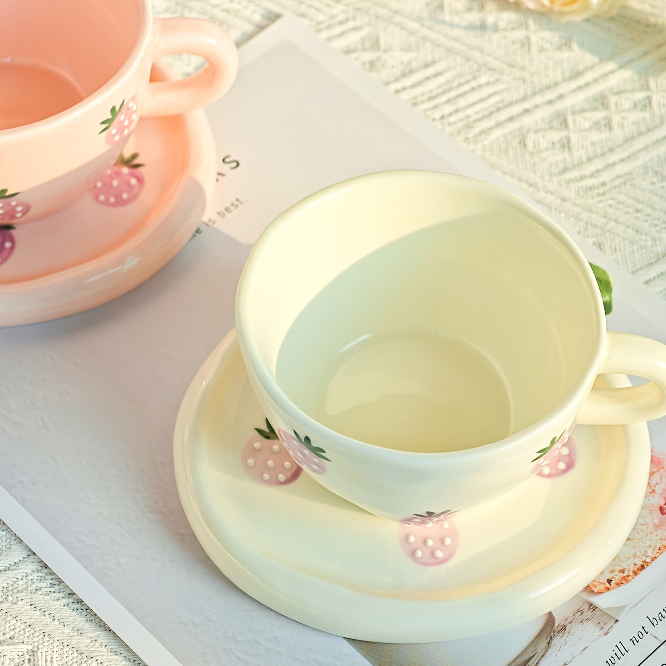 1 Set Creative Simple Hand-Pinched Hand-Painted 3D Relief Cherry Blueberry Lemon Ceramic Coffee Cup & Saucer for Home Use