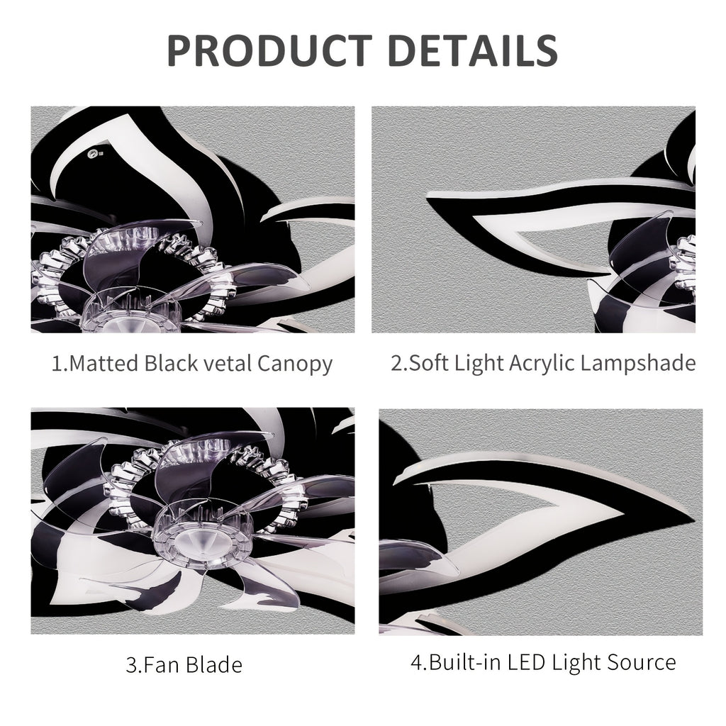 Low-Profile LED Ceiling Fan with Light, Remote Control, 3 Color Temperatures, 6-Speed Adjustable Pure Copper DC Motor, Base with Heat Dissipation Holes. 27-Inch Recessed Floral Modern Ceiling Fan Light, Suitable for Living Room, Bedroom, Kitchen.