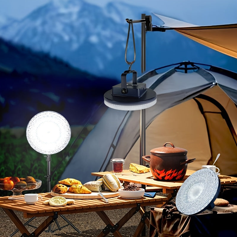 A rechargeable searchlight, camping portable floodlight, high-brightness crystal lampshade, removable power bank, three lighting modes, battery level indicator, with hook and magnetic suction