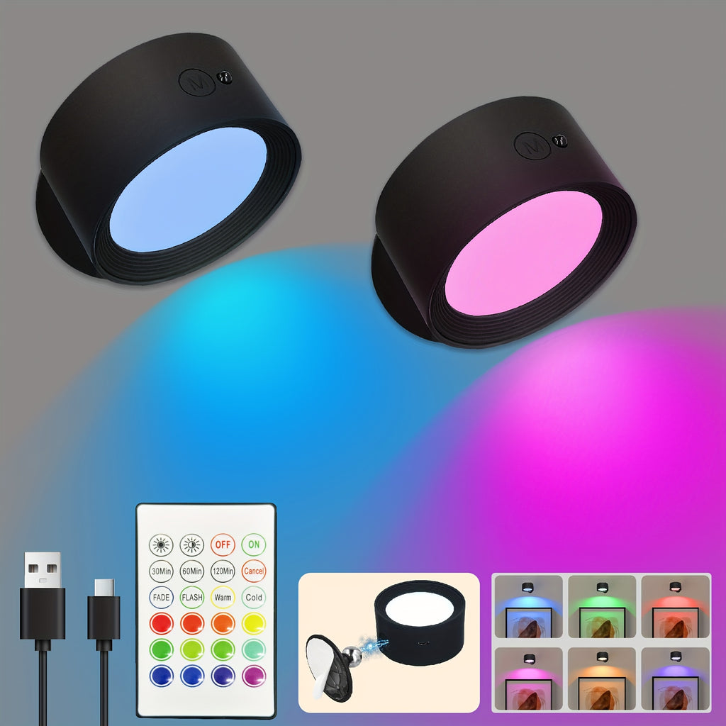 GVTCO Indoor Rechargeable LED Wall Light Multi-Color RGBW Wall Art Light, Portable Cordless LED Light, Dimmable with Remote Control Wall Light, 360° Rotation, USB Charging, 1200mAh, Wireless and Wall-Mounted