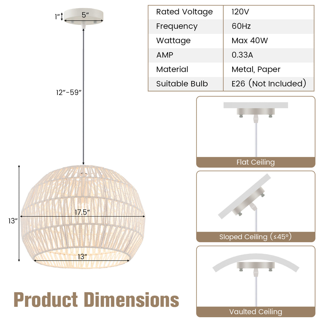 Modern Handwoven Paper Pendant Light with Adjustable Hanging Rope and Removable Metal Frame and Woven Shade, Compatible with E26 Bulbs (Bulb Not Included), 120V Hardwired Ceiling Light, Suitable for Kitchen, Bedroom, Living Room