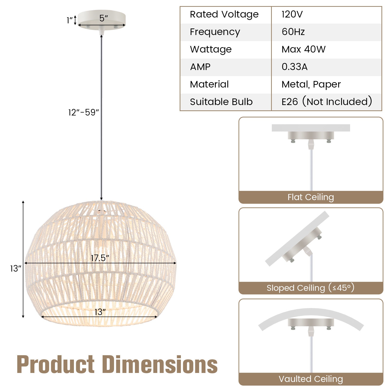 Modern Handwoven Paper Pendant Light with Adjustable Hanging Rope and Removable Metal Frame and Woven Shade, Compatible with E26 Bulbs (Bulb Not Included), 120V Hardwired Ceiling Light, Suitable for Kitchen, Bedroom, Living Room