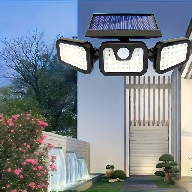 3-Head Solar Powered Triple Head Independent Wall Light - Outdoor Sensor! Yard Lighting. 3 Adjustable LED Heads Motion Activated, Dusk to Dawn Automatic ON/OFF. Emergency Lighting Mode, Energy Saving, Easy Installation