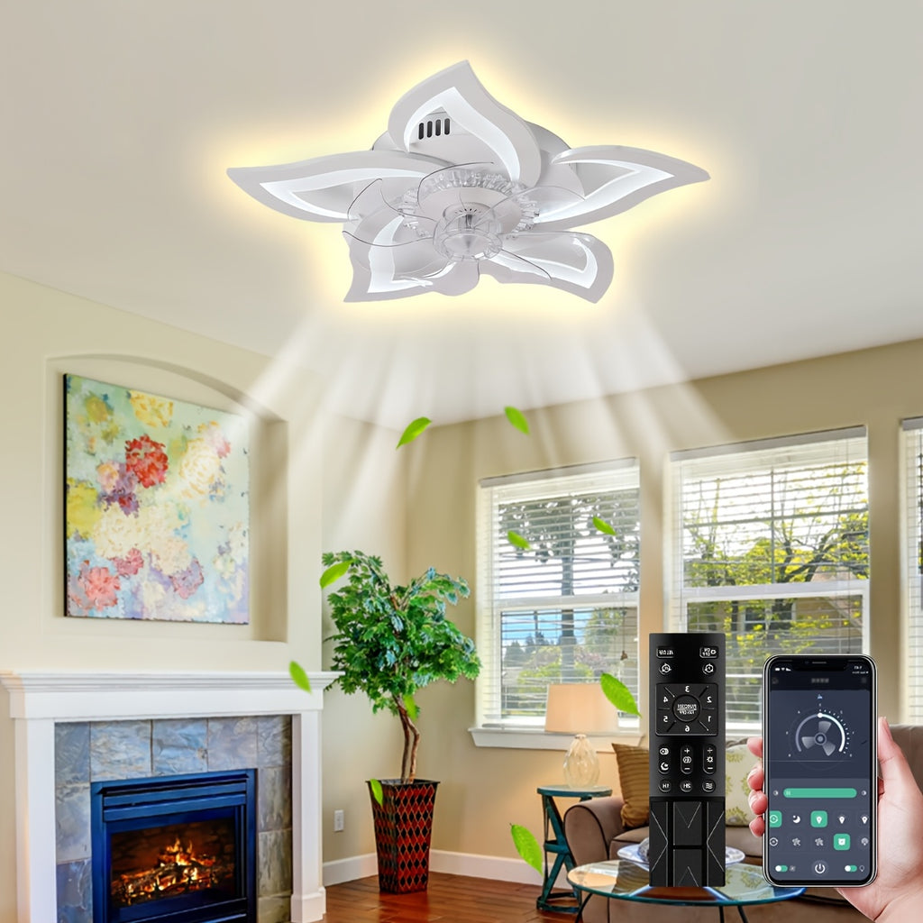 Low-Profile LED Ceiling Fan with Light, Remote Control, 3 Color Temperatures, 6-Speed Adjustable Pure Copper DC Motor, Base with Heat Dissipation Holes. 27-Inch Recessed Floral Modern Ceiling Fan Light, Suitable for Living Room, Bedroom, Kitchen.
