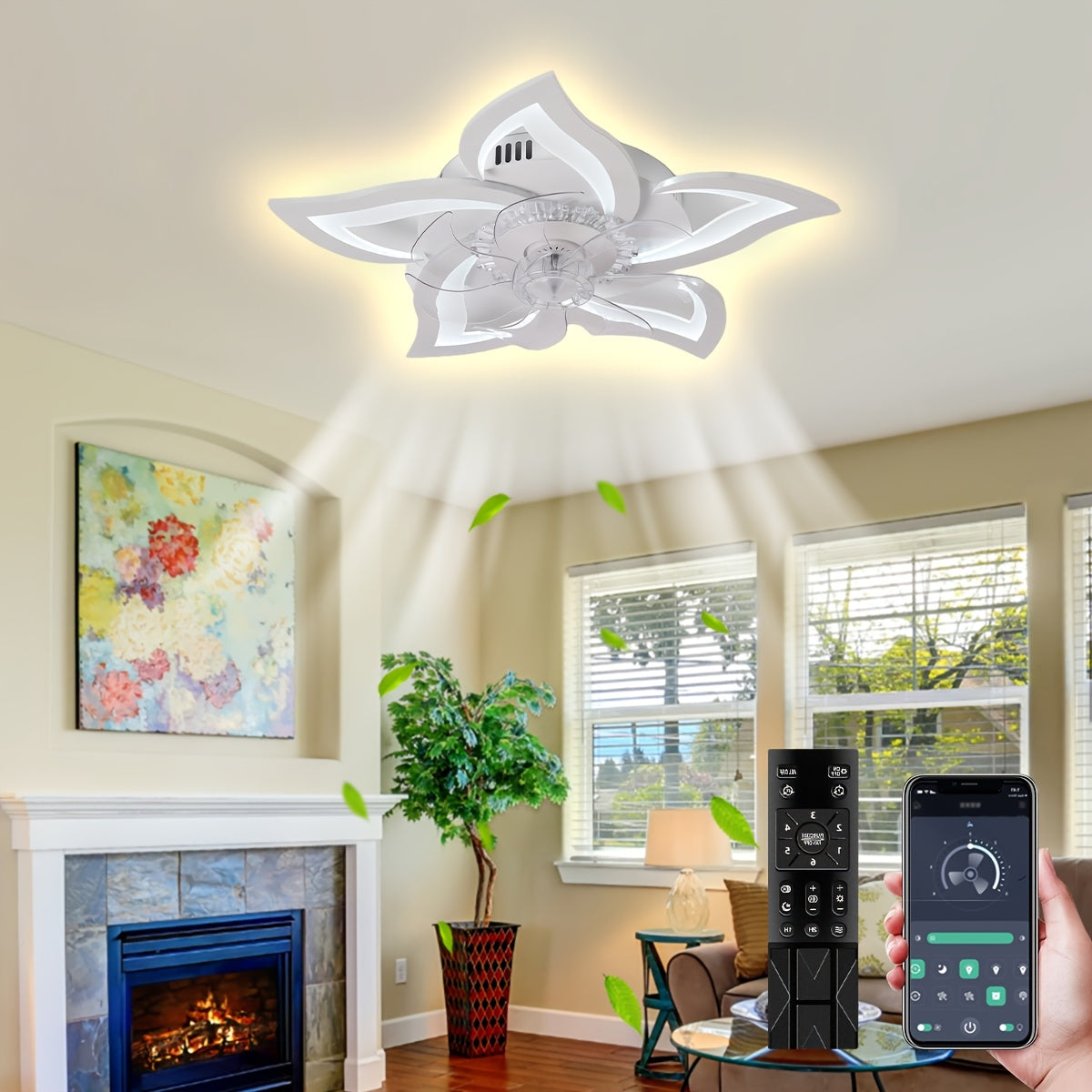 Low-Profile LED Ceiling Fan with Light, Remote Control, 3 Color Temperatures, 6-Speed Adjustable Pure Copper DC Motor, Base with Heat Dissipation Holes. 27-Inch Recessed Floral Modern Ceiling Fan Light, Suitable for Living Room, Bedroom, Kitchen.