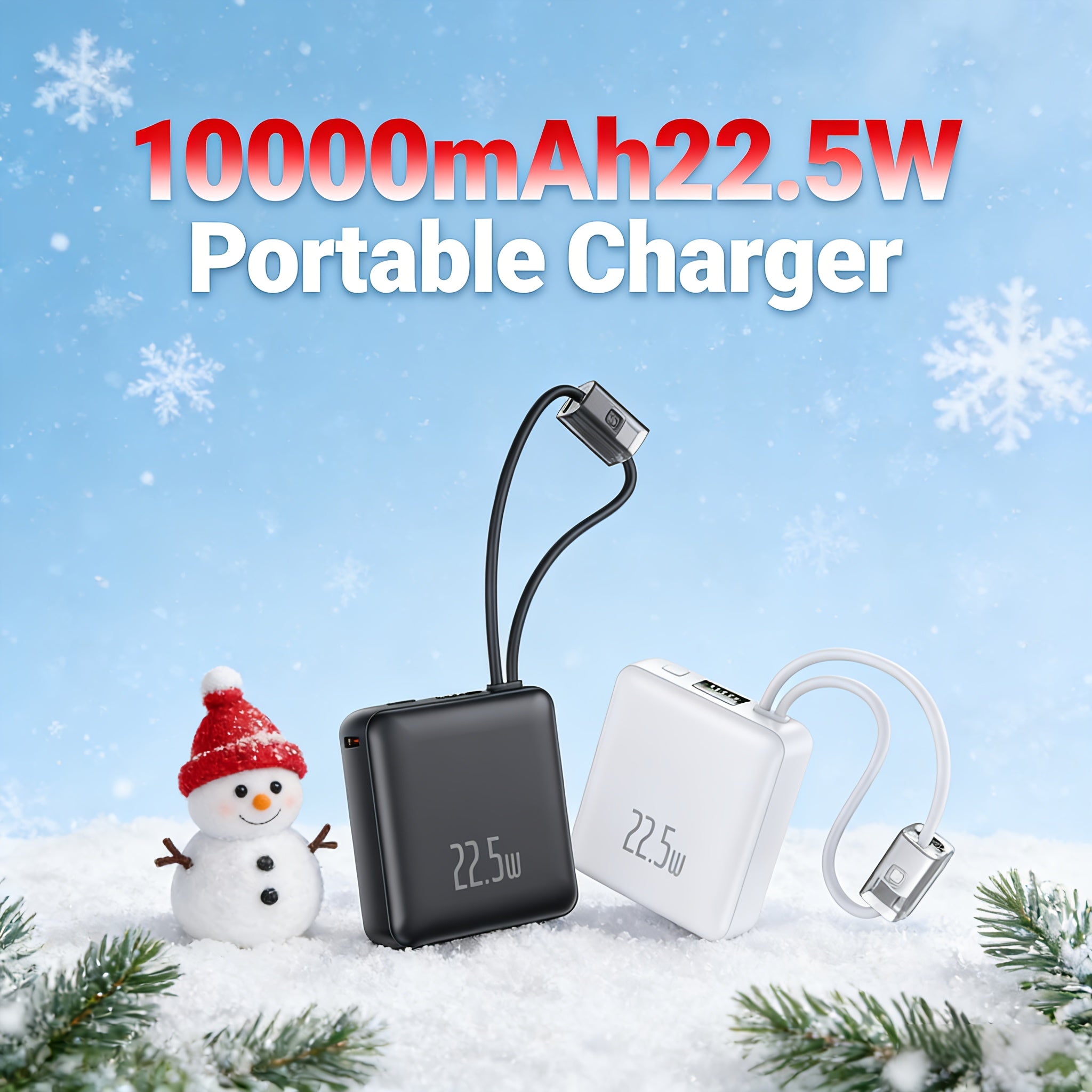 22.5W Super Fast Charging Power Bank with Built-in Cable & Lanyard - 10000mAh Ultra-Thin & Compact, LED Digital Display, USB-C Port, Essential for Travel, Christmas Gift, Compatible with iPhone, Android & Samsung (Black/White Colors), Onthego