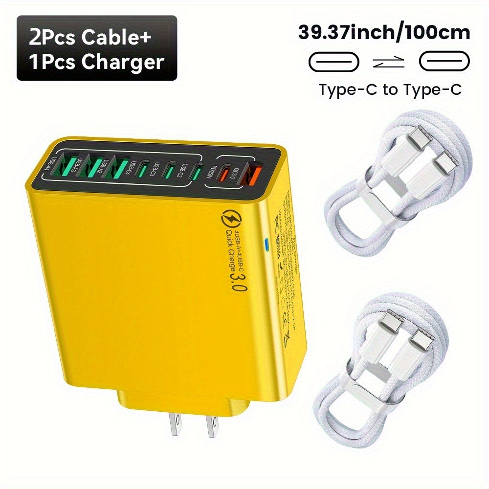8-Port PD+QC 3.0 Fast Charger Set with Usb/Type-C, Including a Type-C to Type-C Cable. This High-Performance Charging Station Is a Reliable Power Adapter for Home Users And Workspace Additions