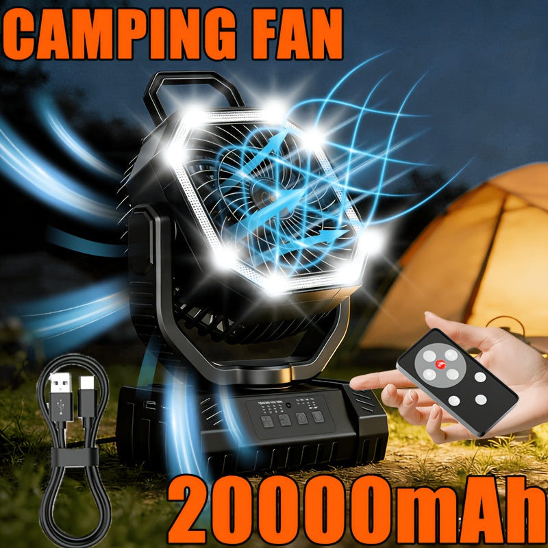 Outdoor Fan, Portable Rechargeable Fan 20000mAh Battery Powered Camping Fan - Cooling, Battery Powered Desktop Fan with 4 Speeds, Bright Light & Hook, Portable for Tent Outdoor Hurricane Power Outage