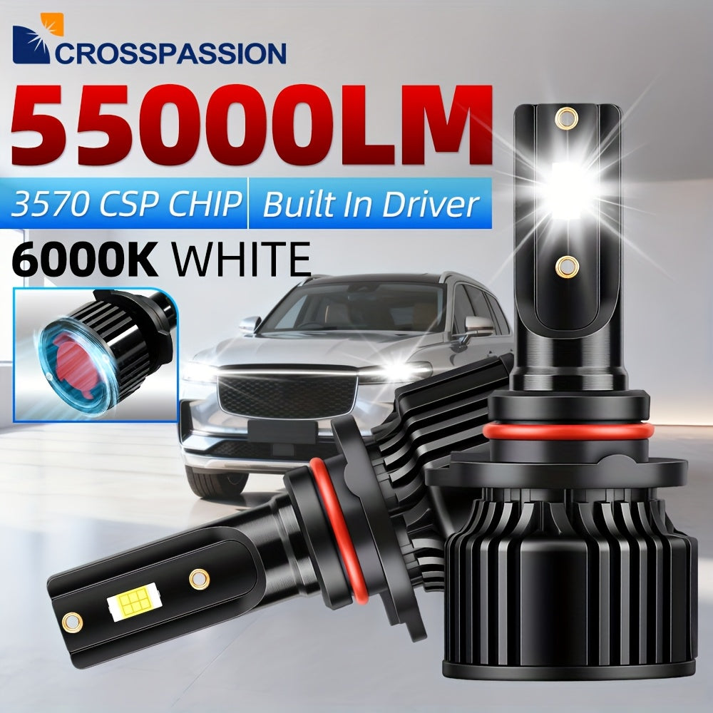 CROSSPASSION 55000 Lumens LED Headlights, Compatible with 9005 HB3 9006 HB4 H1 H4 H7 H11 H13 9007 High/Low Beam Bulbs, 3570 CSP Chip, 6000K White Light, Built-in Driver Plug-and-Play, 2-Pack