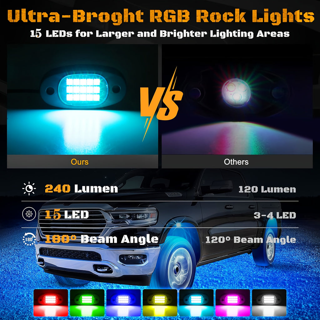Truck Rock Lights RGB LED Rock Light Kit, Dream RGB Colorful Car Chassis Decorative Light, Multi-Color Changing Tire Light, Footwell Neon Light Kit, Perfect for Pickup Off-Road RZR SUV ATV UTV Car Ambient Light, Golf Cart Accessories
