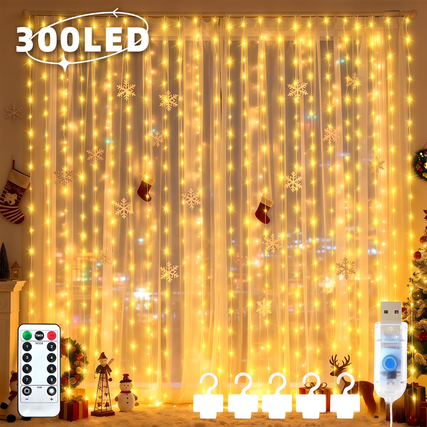 1 Pack LED仙女窗帘灯 300LED 8种灯光模式，USB供电，配备遥控器，带挂钩，圣诞装饰品，适用于室内家居、卧室、婚礼、派对、圣诞节装饰（带定时）