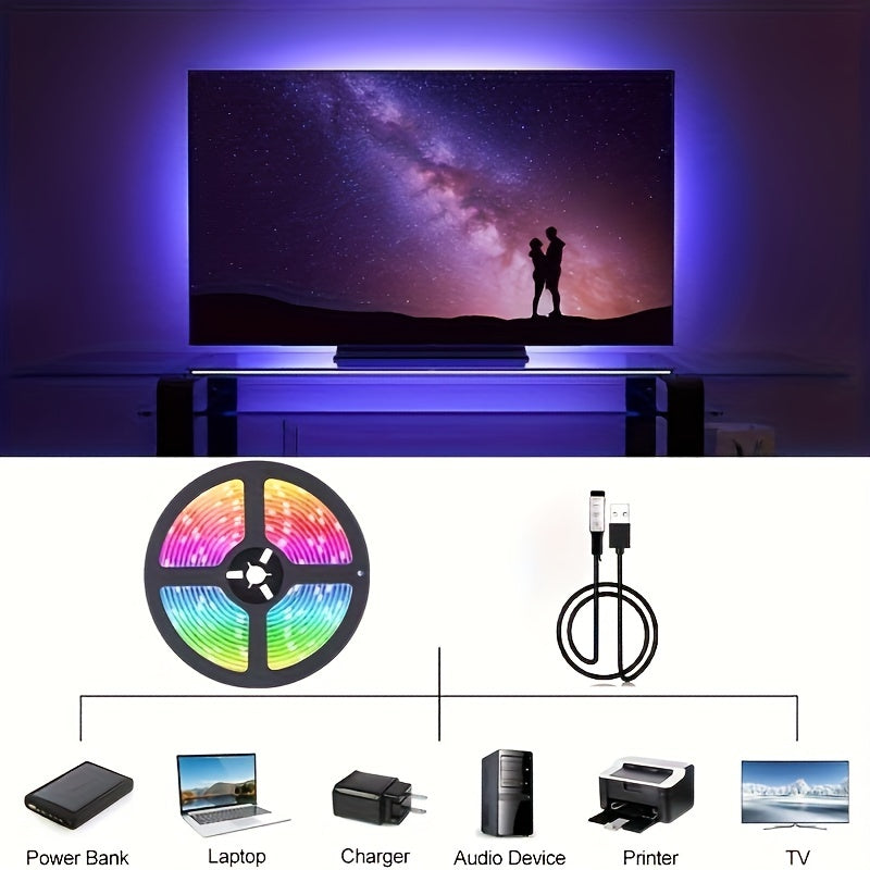 1roll RGB 电视背景 LED 灯带 3 键按钮控制 柔性胶带 适用于游戏室 万圣节 圣诞节装饰