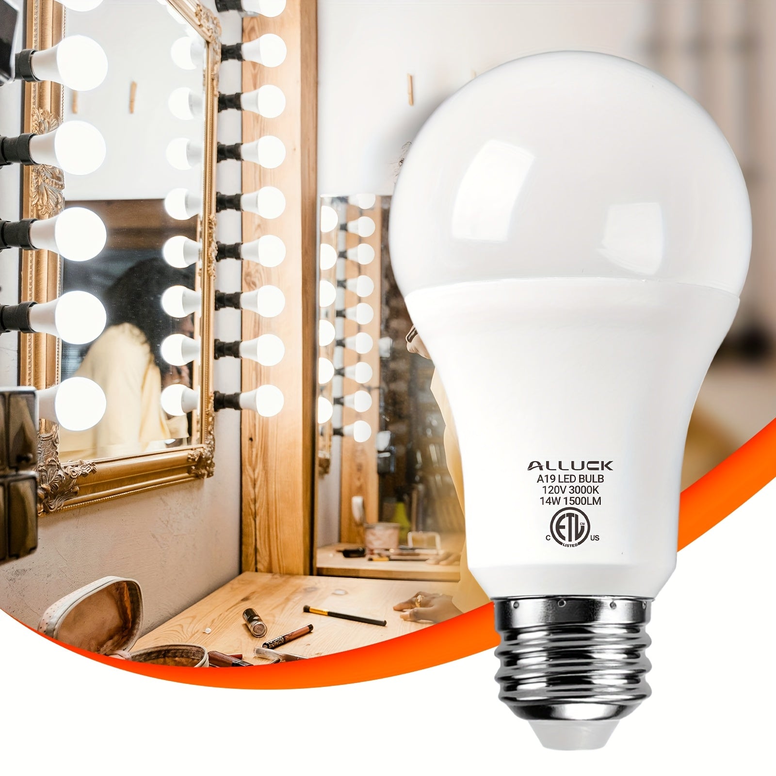 ALLUCK A19 LED 灯泡 6 件装，14W 1500LM（100W 等效），E26 底座，可选色温（3000K 暖白/5000K 日光/6500K 冷色），CRI 85+，无闪烁，持久，护眼，不可调光 家庭、办公室和商业用途，暖色环境照明