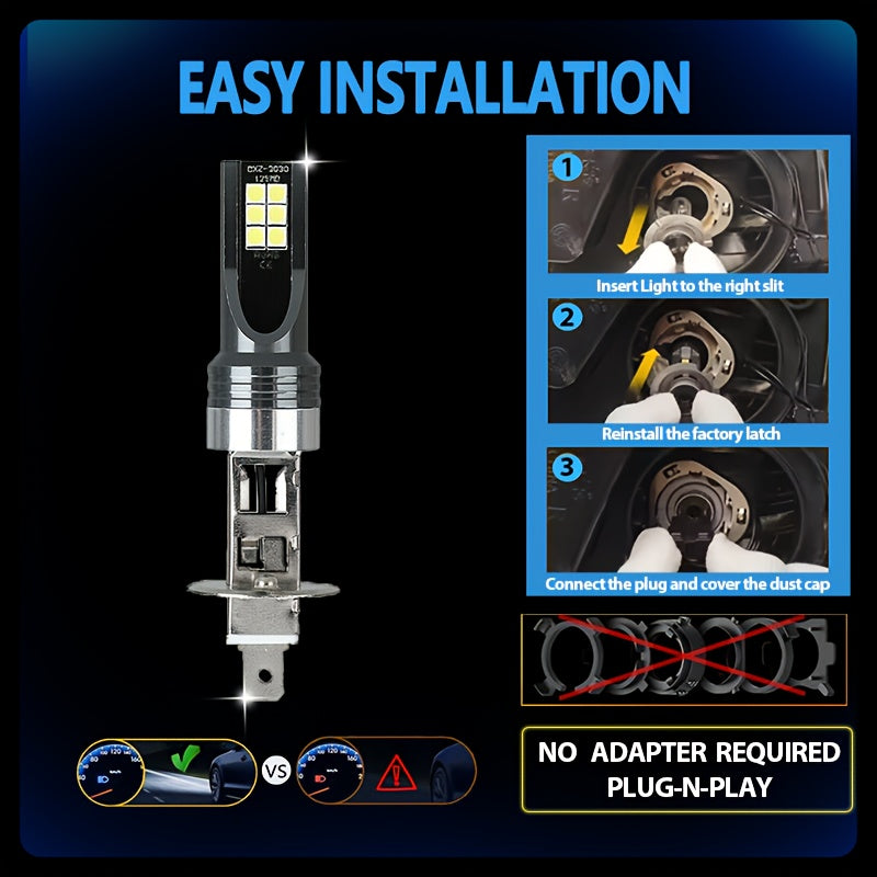 2Pcs H1 LED Headlight Bulbs, Super Bright 1:1 Mini Size Car Light, No Adapter Plug-and-Play, High Power 6500K White Light Canbus H1 Fog Light Bulb, No Battery Included